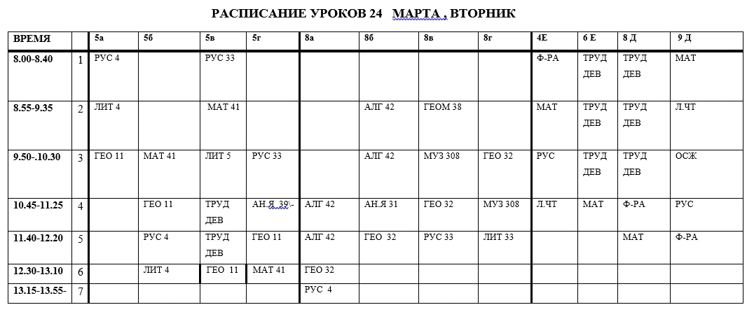 Расписание уроков на вторник 24.03