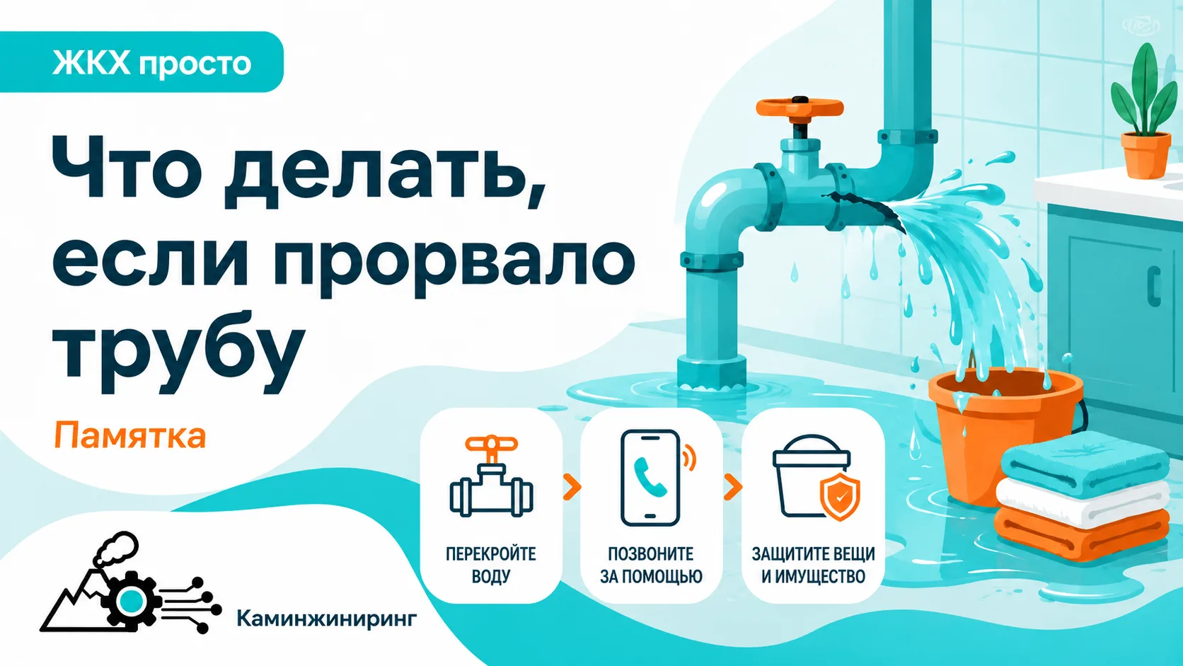 💡 ЖКХ просто
Что делать, если прорвало трубу
Авария с водой требует быстрых действий. Главное, не п