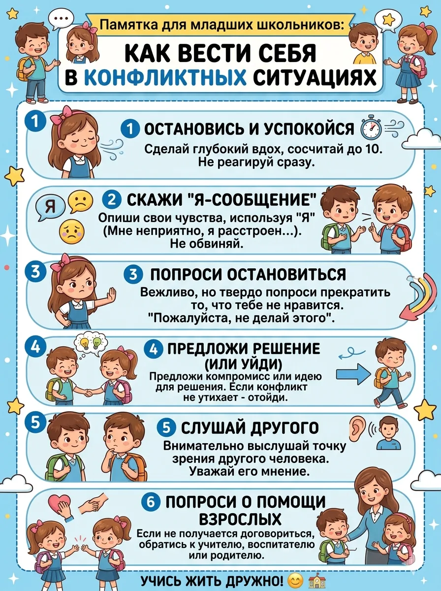 Памятка для младших школьников. Как вести себя в конфликтных ситуациях".