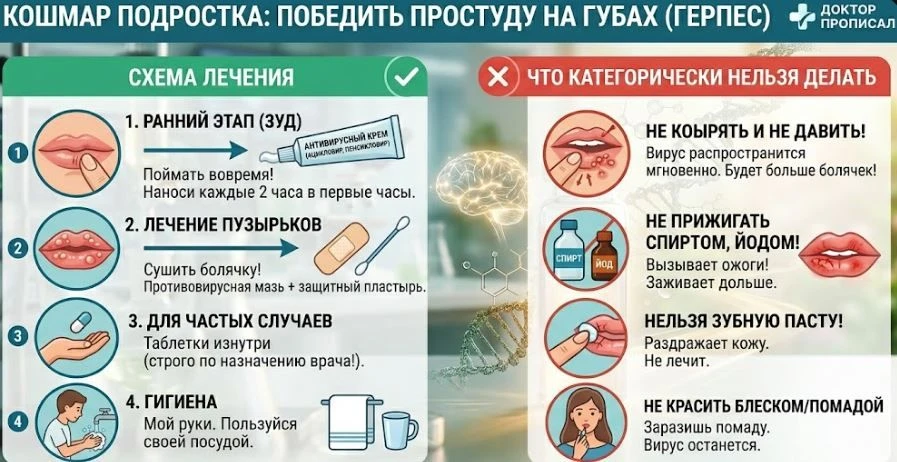 Самый страшный сон подростка: как победить простуду на губах

Простуда на губах, или герпес первого 