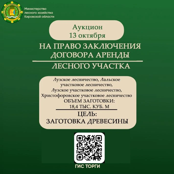 🔔 Министерство лесного хозяйства Кировской области 13 октября 2026 года проводит аукци...