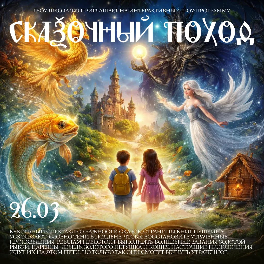 Красочный спектакль по сказкам А. С. Пушкина  Друзья! У нас волшебная новость: 26 марта к нашим дошк