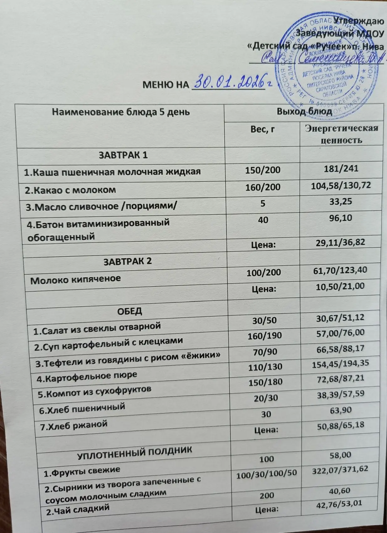 Меню на 30.01.2026г.