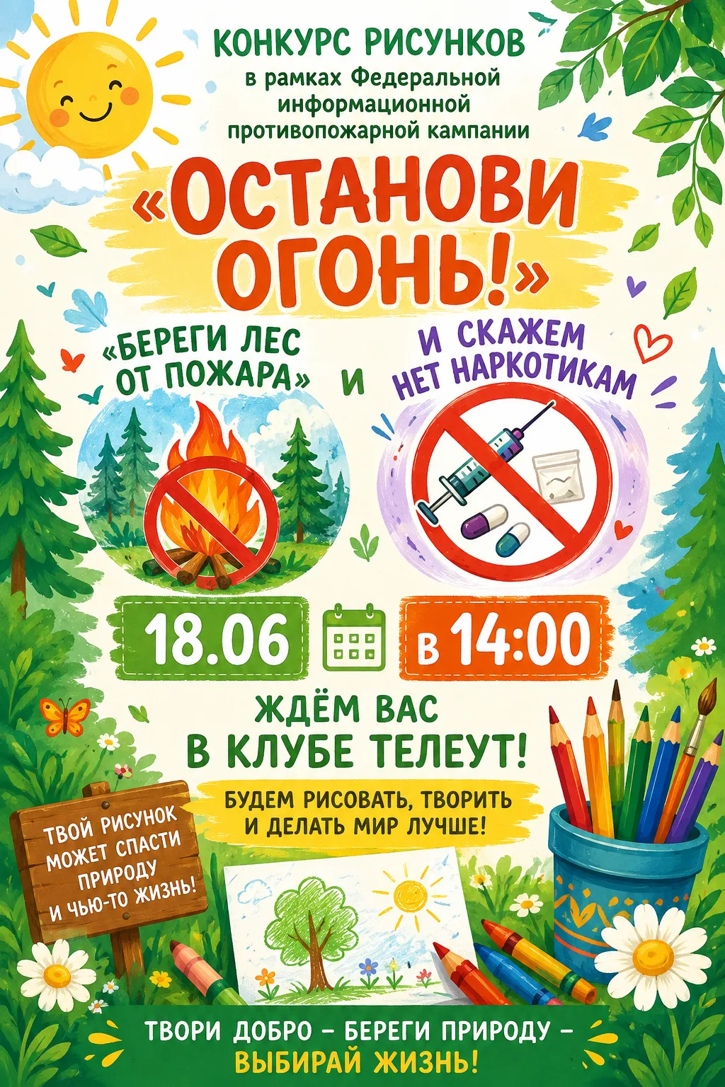 🎨🖍 Приглашаем ребят на конкурс рисунков!
18 июня в 14:00 в МУ клубе «Телеут» состоится творческое 