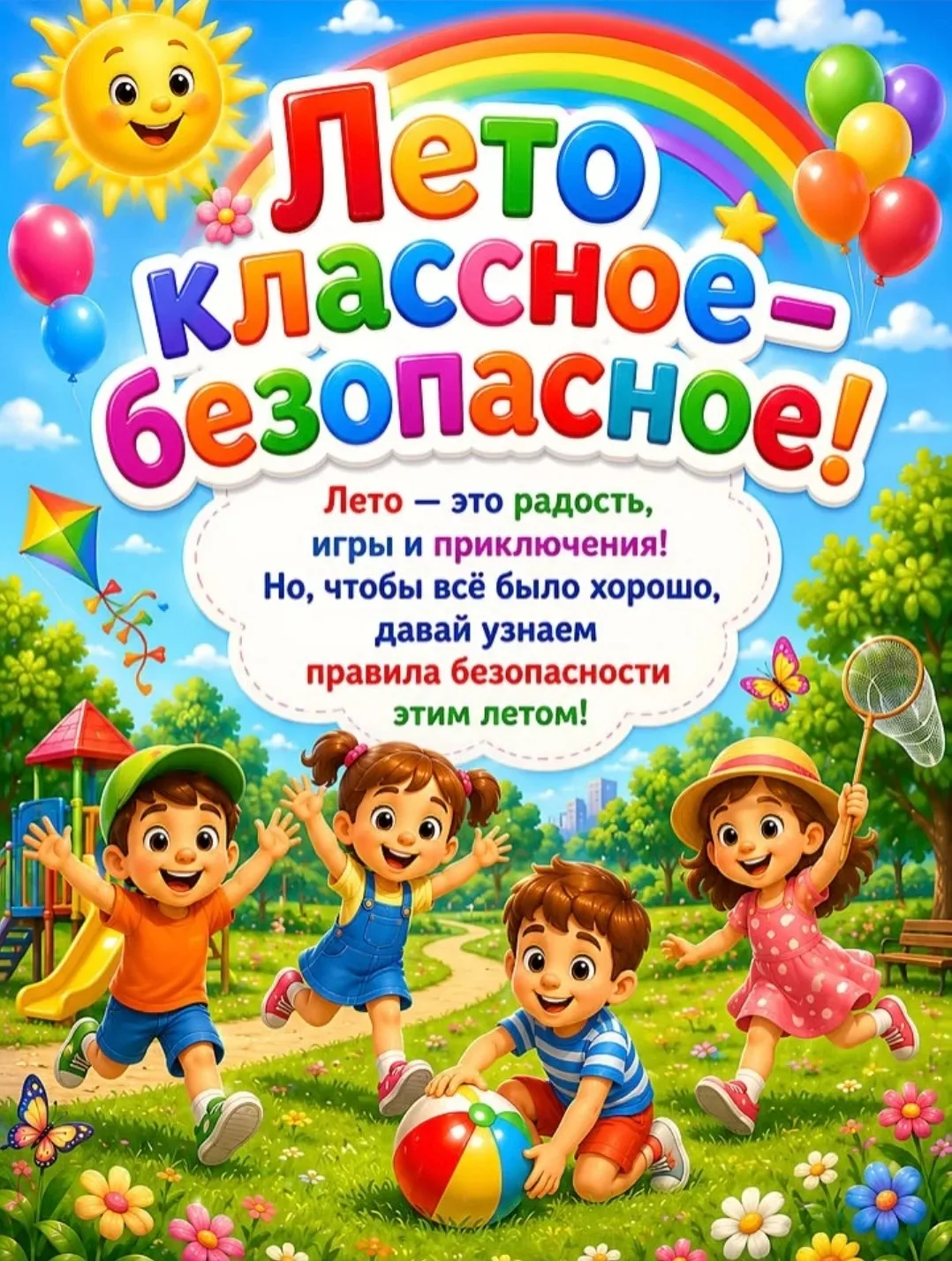 Лето, солнце, детский смех,
Отдых, радость — лучше всех!
Но, дружок, не забывай:
Правила ты соблюдай