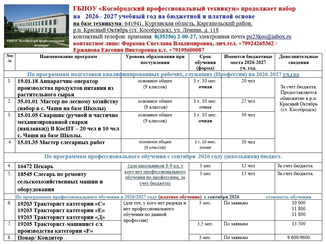 📢 Продолжается набор абитуриентов в ГБПОУ «Кособродский профессиональный техникум» на ...