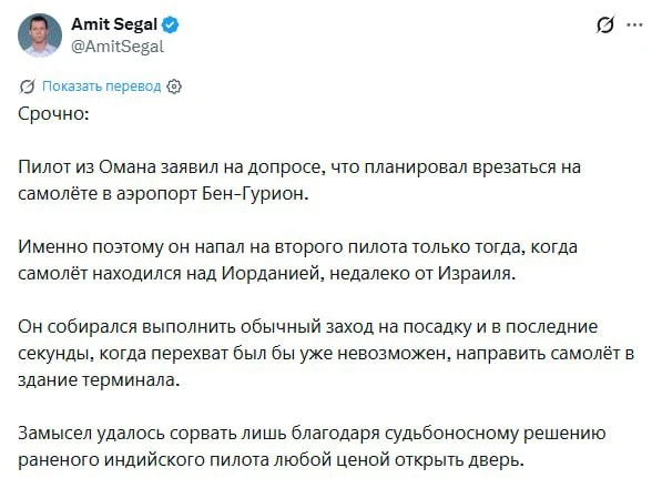 Пилот из Омана заявил на допросе, что планировал направить самолёт прямо в здание терми...
