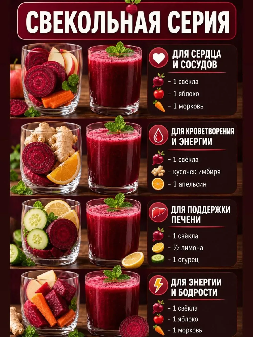 🥤 Свекольные соки — это вкусный способ разнообразить рацион яркими овощами и фруктами. Попробуй раз