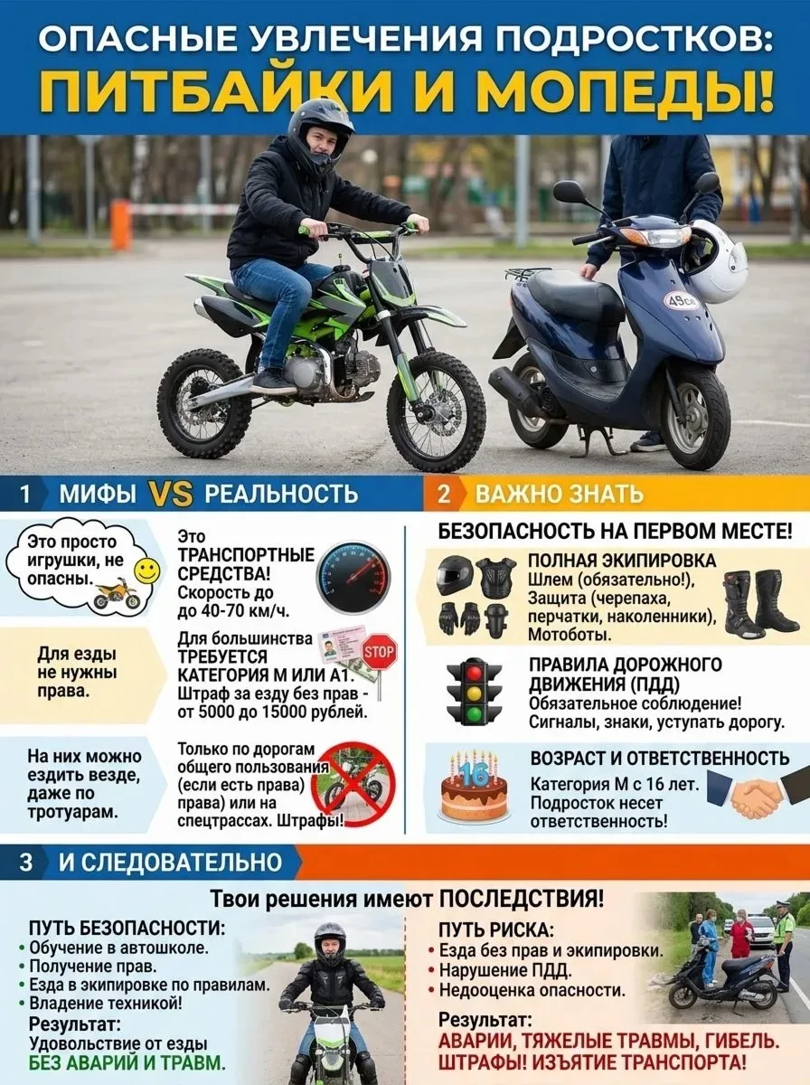 ГИБДД предупреждает: питбайк на дороге — опасно! ⚠️ 

🏍️ Питбайк создан для закрытых трасс, не для 
