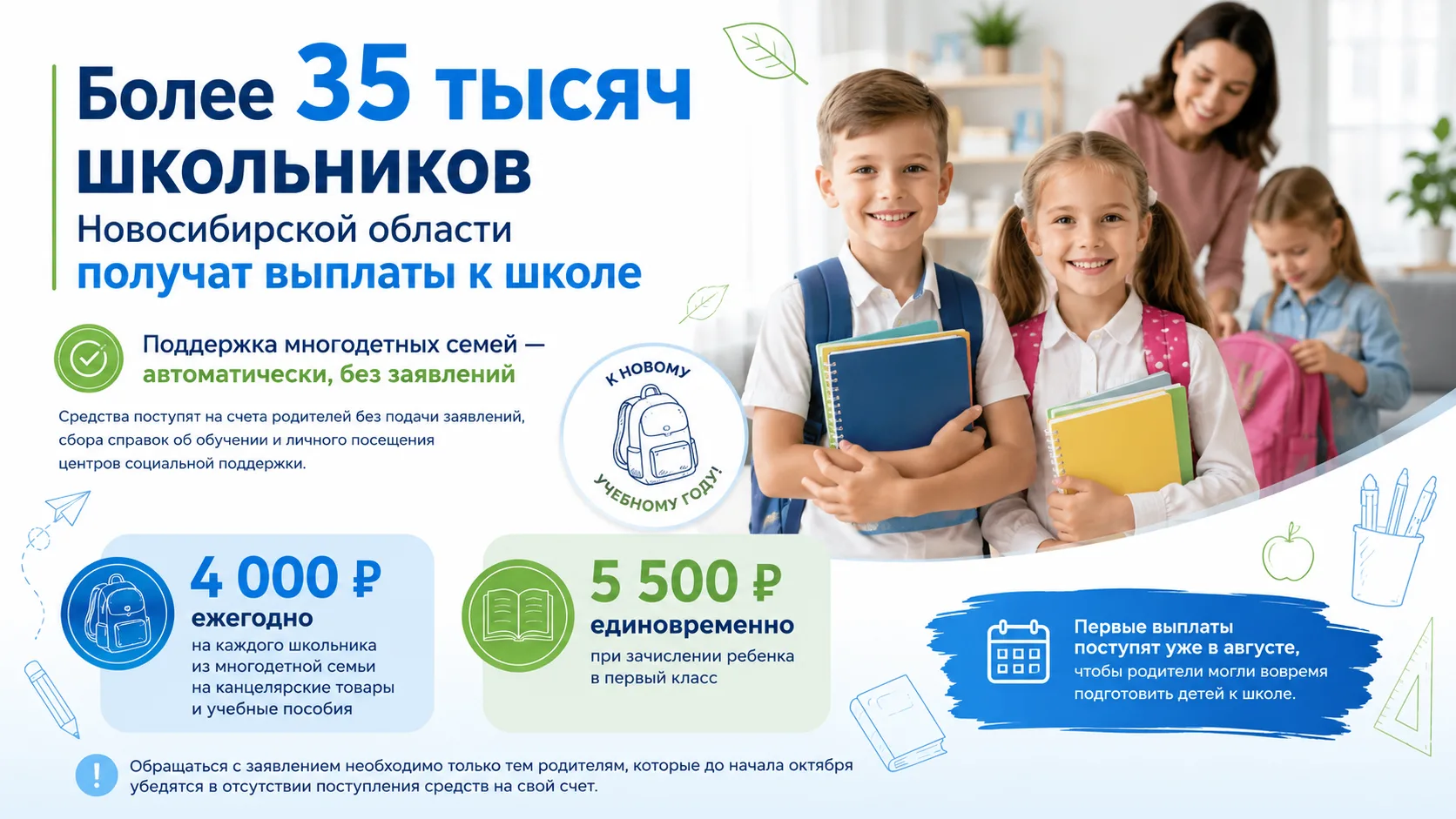 Выплаты к школе — автоматически для многодетных семей

В Новосибирской области началось автоматическ