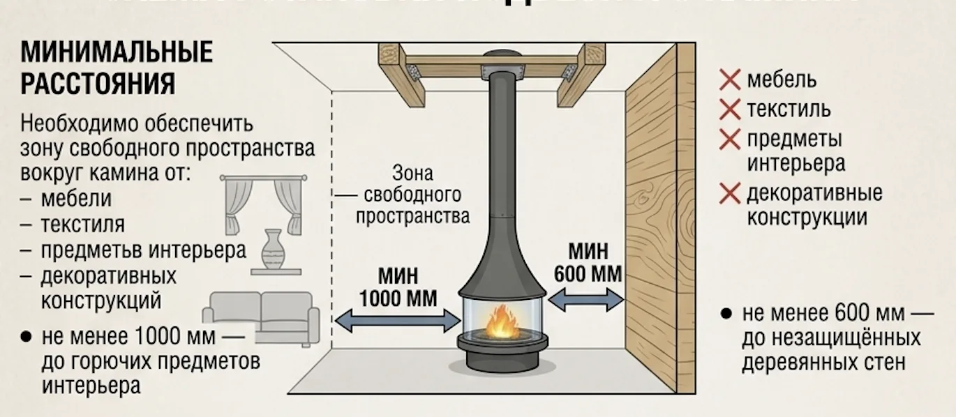 ✅Где установить камин правильно?✅1. Противопожарные расстояния
Необходимо обеспечить зону свободного