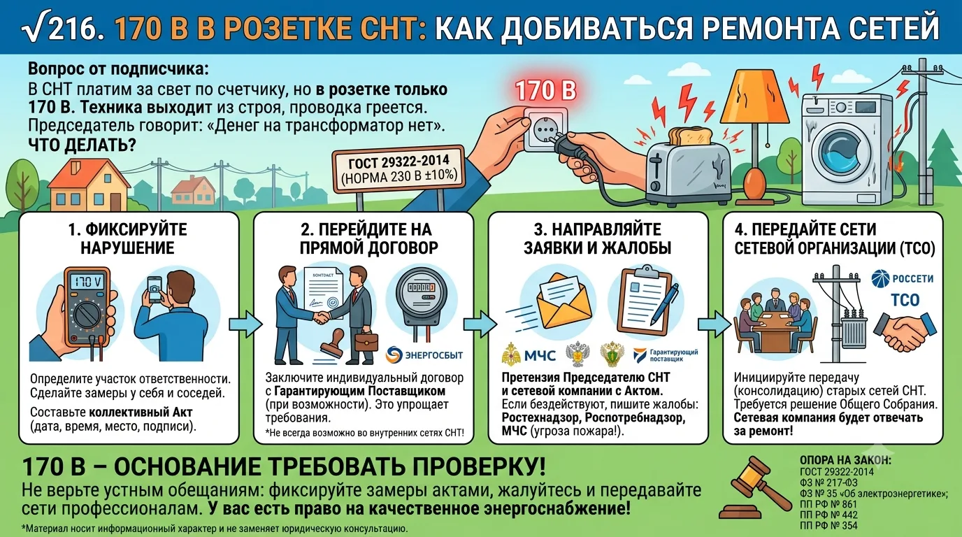√216. 170 В в розетке СНТ: как добиваться ремонта сетей