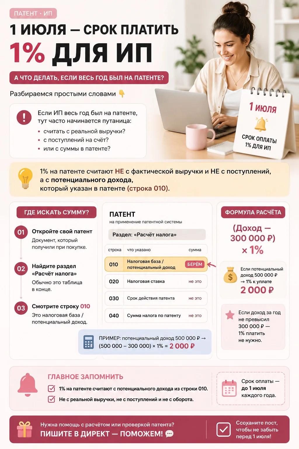 📌 ИП на патенте: до 1 июля нужно заплатить 1% с дохода свыше 300 000 ₽. Но с какого им...