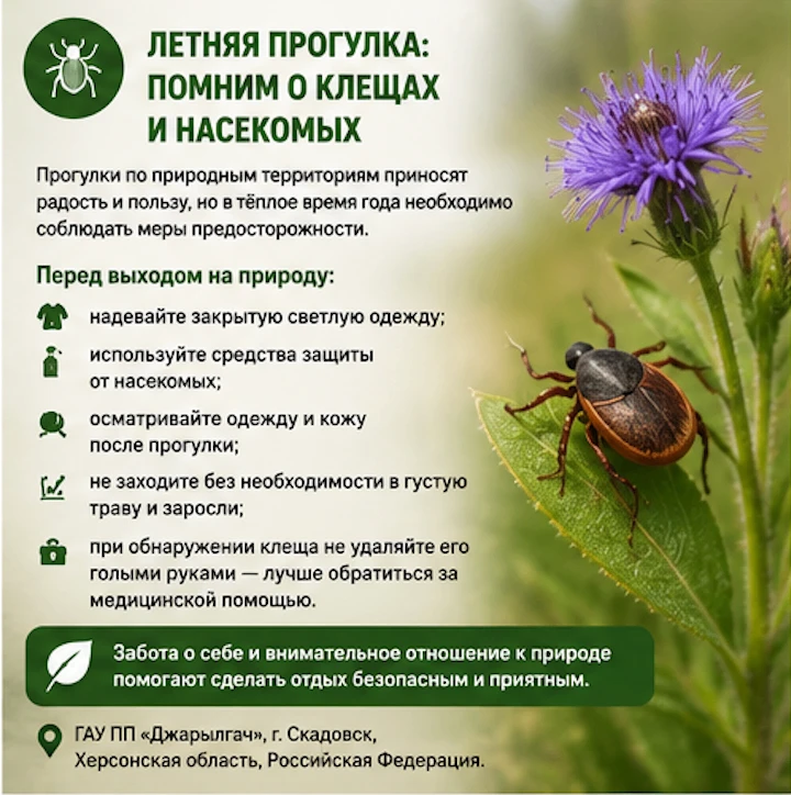 🦟 Летом на природе важно помнить о защите от клещей и насекомых
Прогулки по природным территориям п