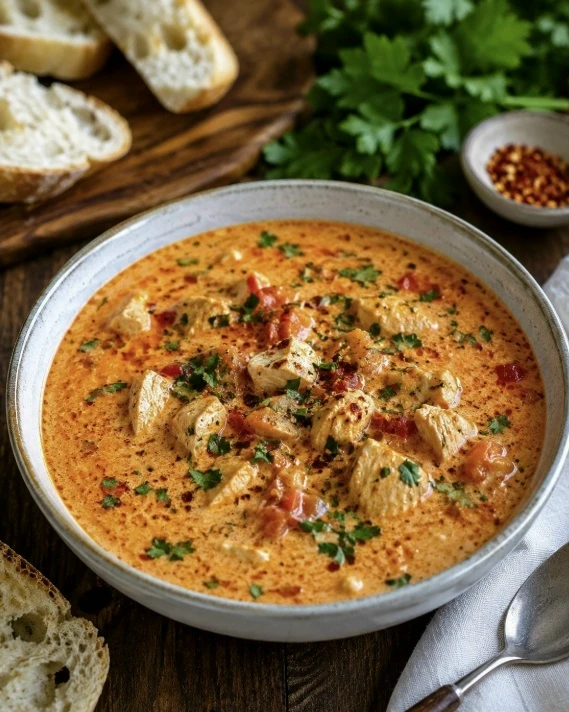 Крем‑суп с курицей, плавленым сыром и помидорами