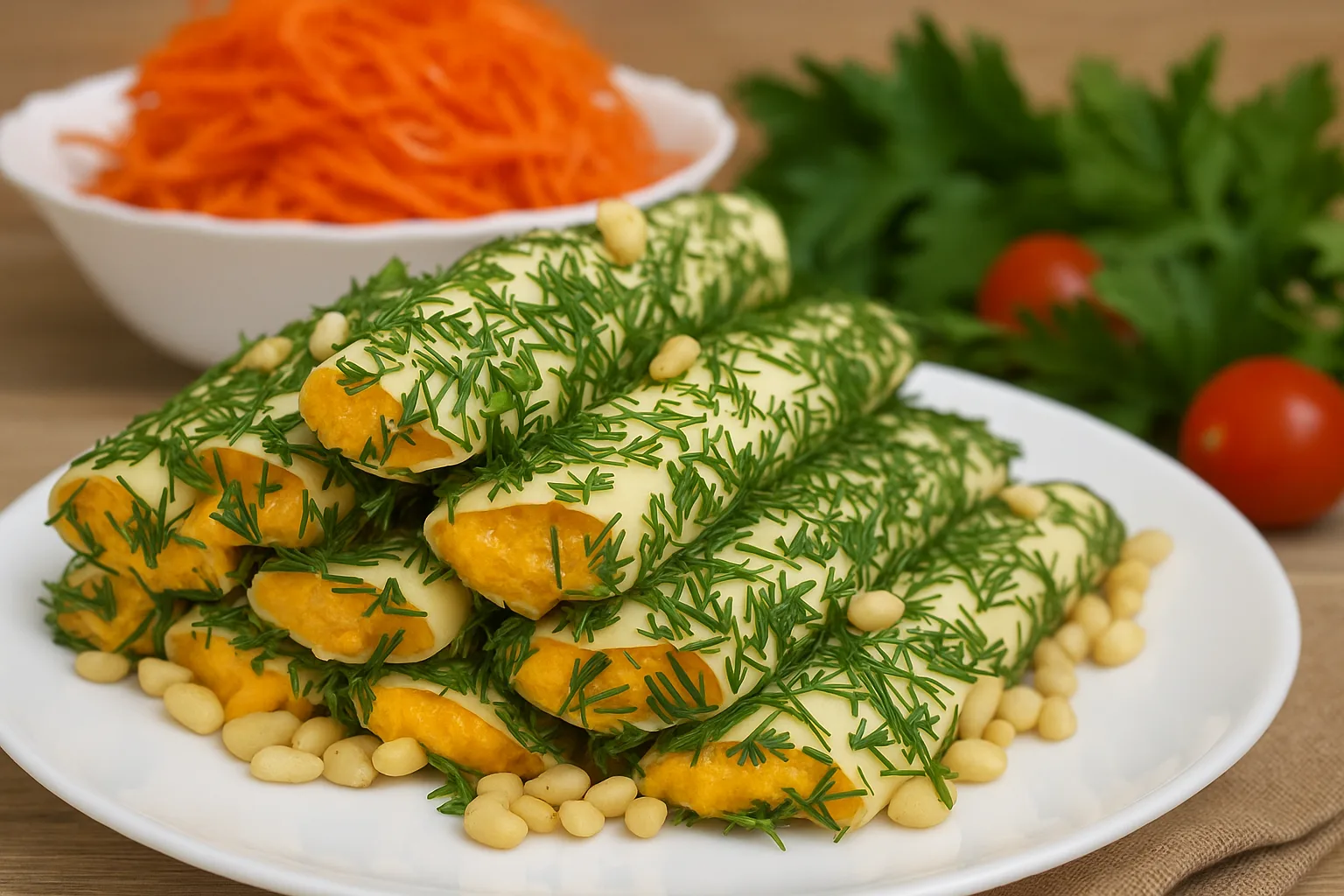 🧡 Просто пробиваю корейскую морковь блендером и заворачиваю в сыр — и получается шикарная закуска на