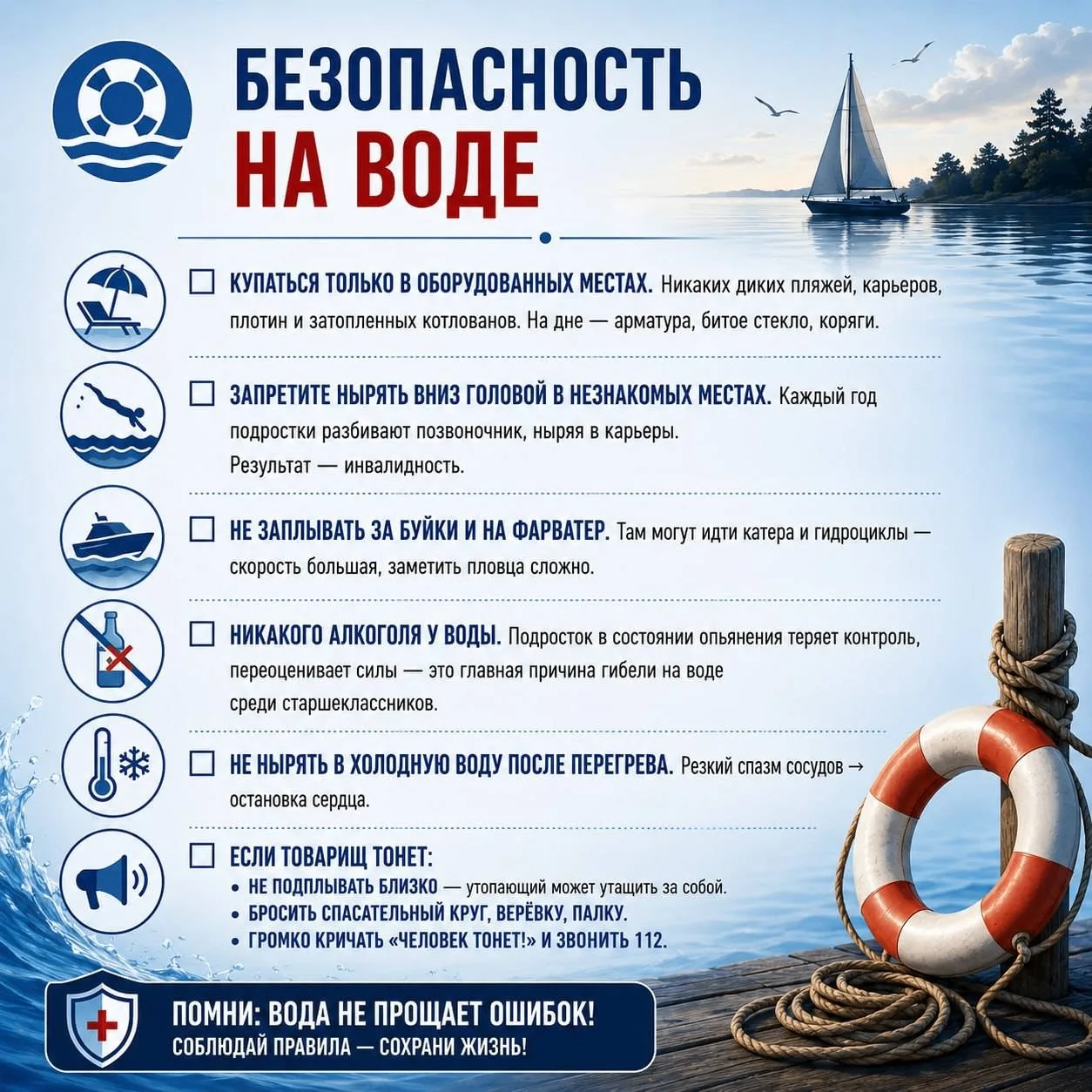 Вода не прощает ошибок. Будьте внимательны и берегите себя!