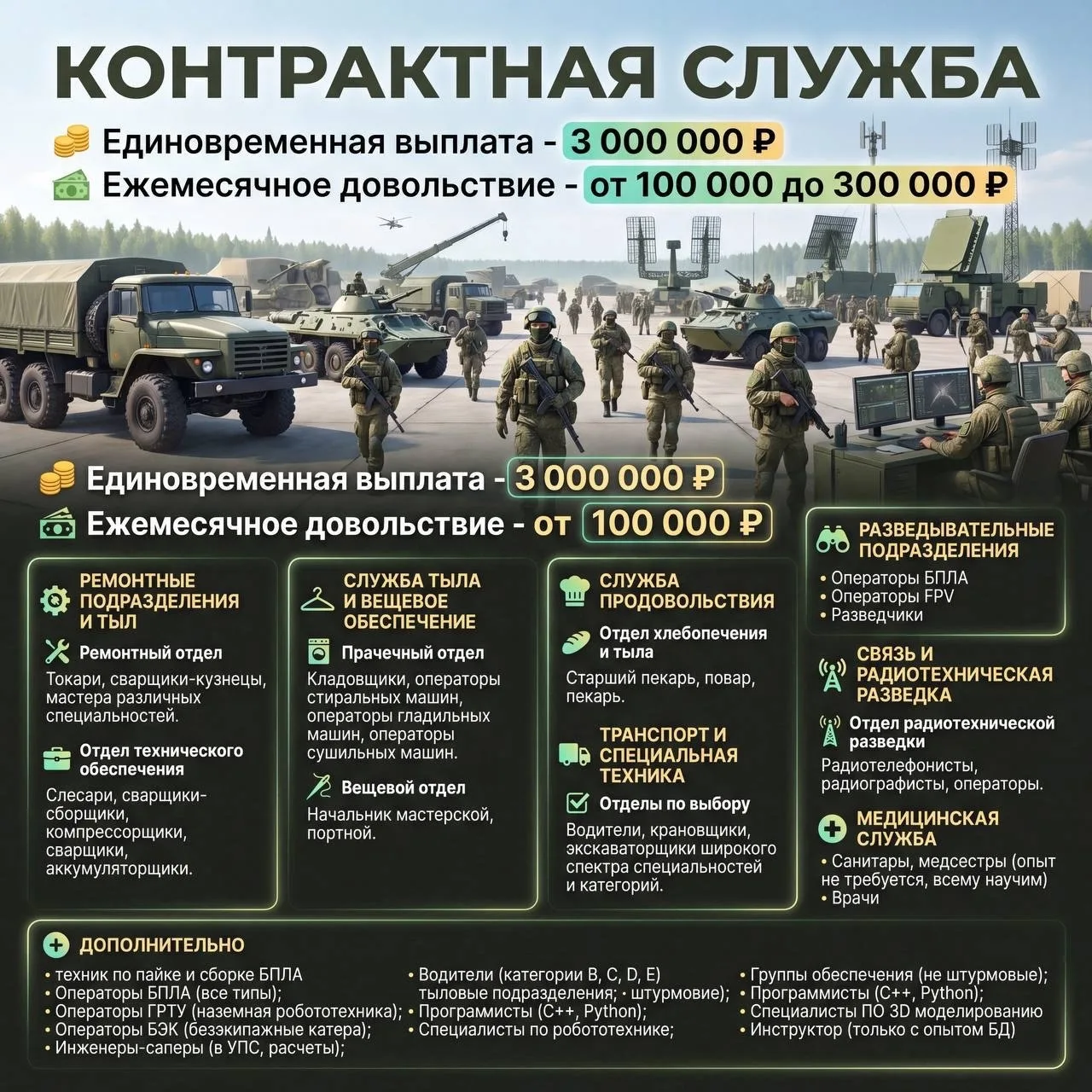 🇷🇺КОНТРАКТНАЯ СЛУЖБА🇷🇺 💰 3 000 000 ₽ единовременно 💵 Зарплата от 100 000 до 300 000₽ 📍 Направления: 
