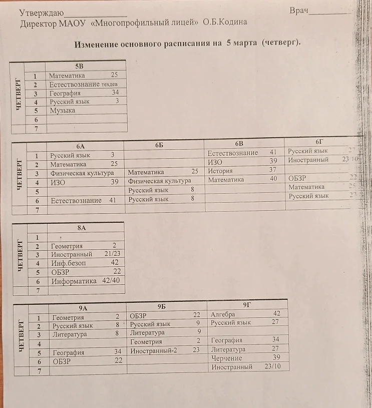 Измененное расписание уроков на 5 марта.