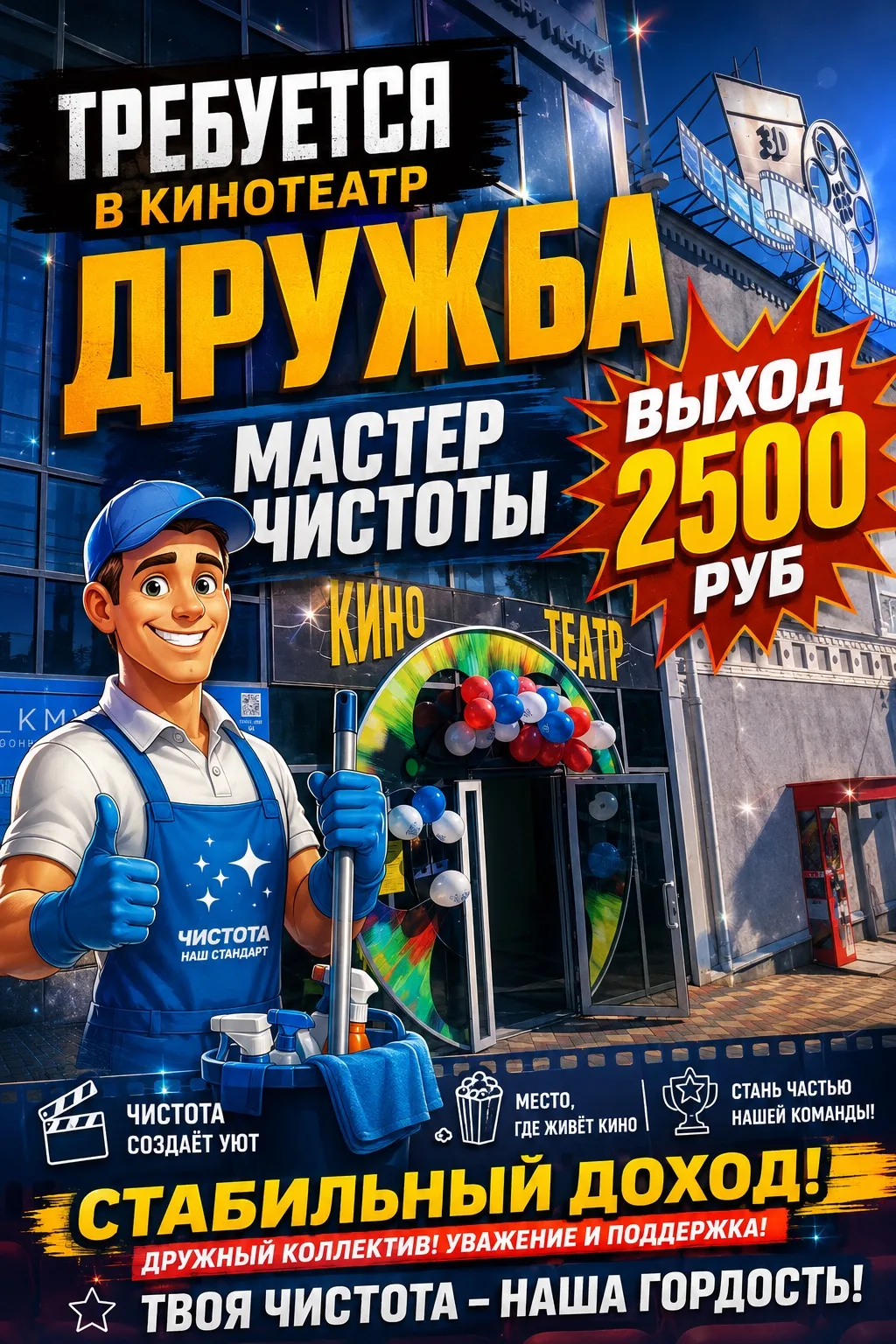 Ищем мастера чистоты в команду кинотеатра «Дружба»! ✨