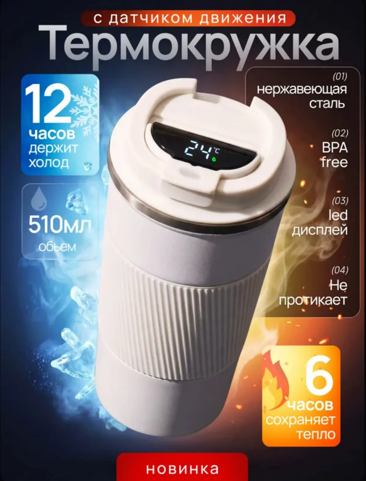 ☑️ Термокружка для кофе и чая автомобильная с датчиком температуры / Термостакан для го...