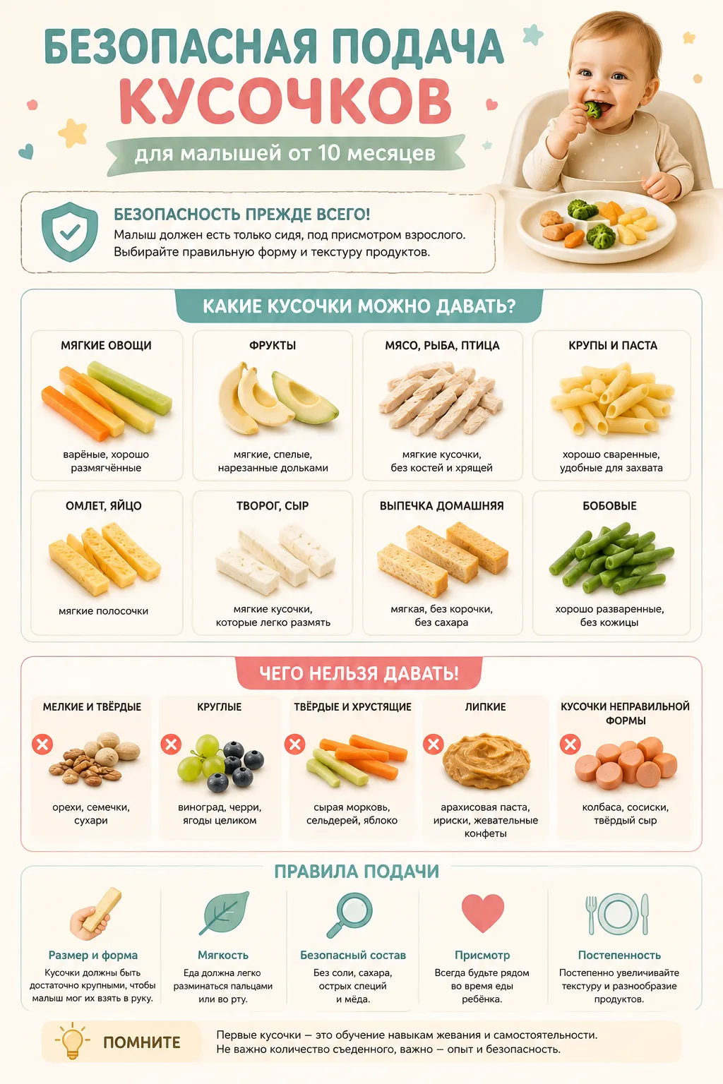 🥦 Безопасная подача кусочков.