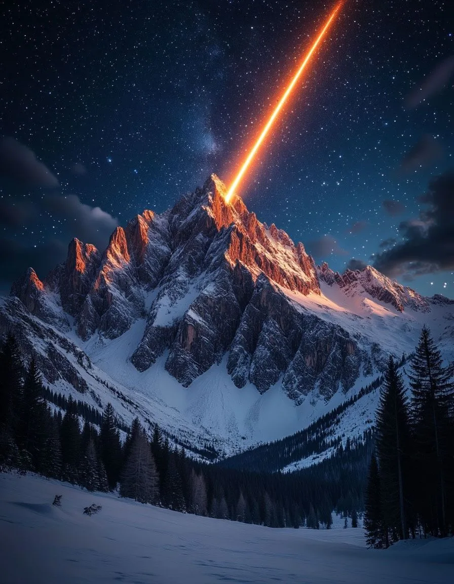 RAW photo, ultra-realistic, cinematic winter night landscape. Majestic, craggy snow-cap...