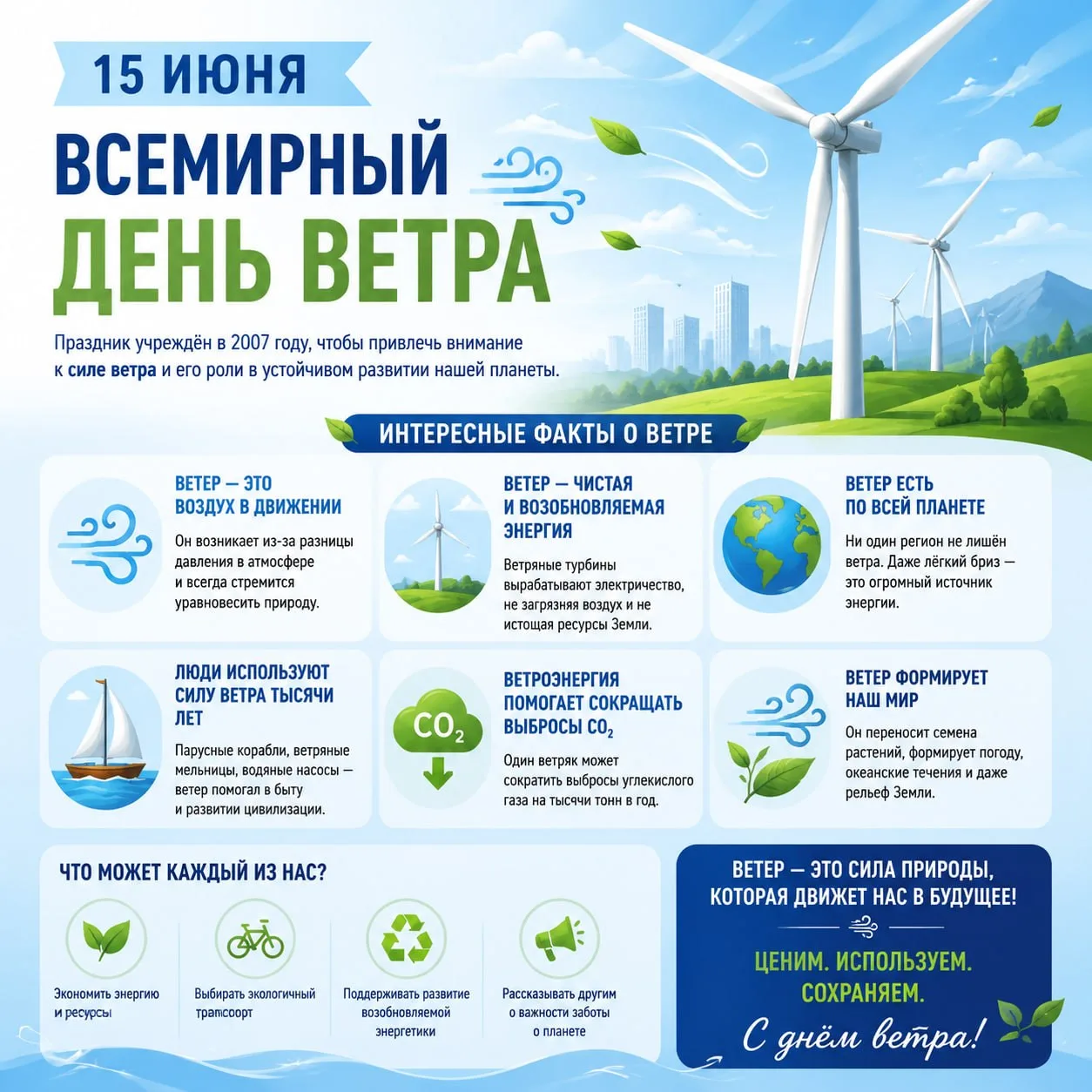 🍃 15 июня — Всемирный день ветра!

Знаете ли вы, что у ветра тоже есть свой праздник?

Ветер — это 