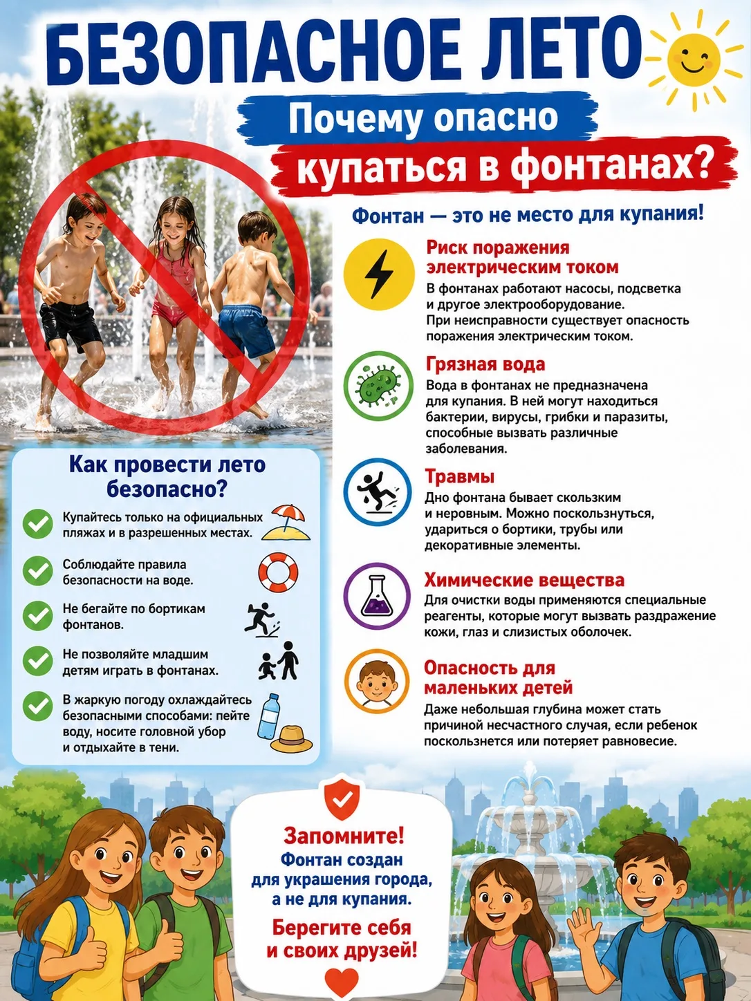 Почему опасно купаться в фонтанах?

🔹Риск поражения электрическим током
В фонтанах работают насосы,