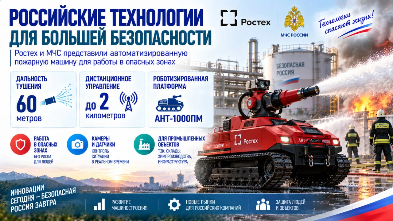 Ростех и МЧС представили автоматизированную пожарную машину, способную работать в опасн...