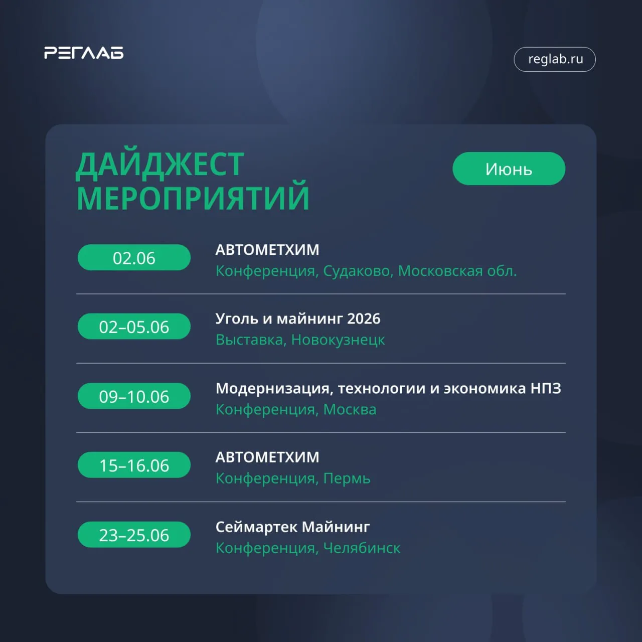 РЕГЛАБ на отраслевых мероприятиях — список на июнь

В июне РЕГЛАБ участвует в ключевых отраслевых со