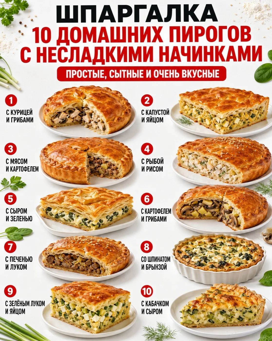 🥧 ШПАРГАЛКА ПО ДОМАШНИМ ПИРОГАМ С НЕСЛАДКИМИ НАЧИНКАМИ ❤️