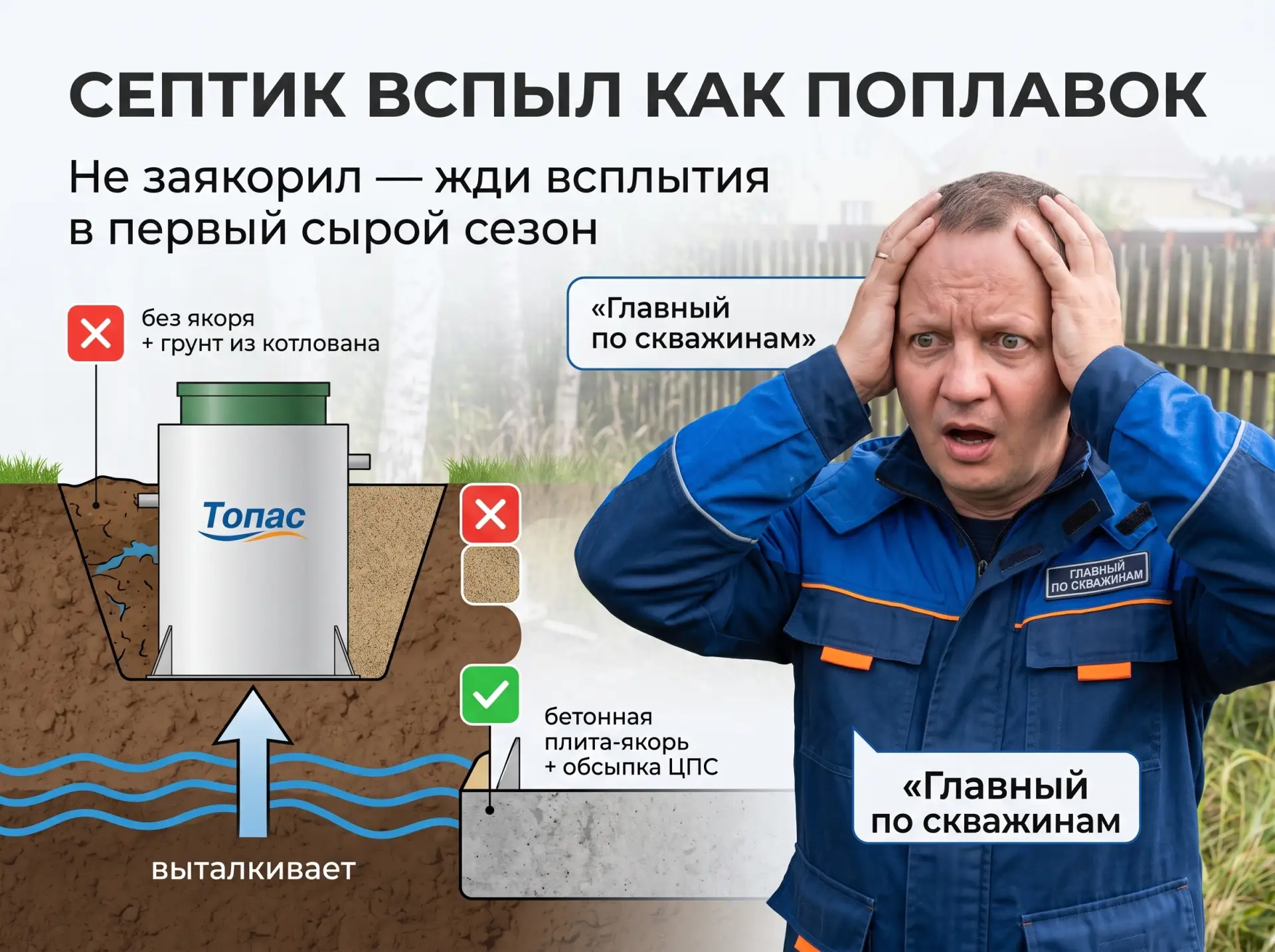 «Владимир, Топас из земли всплыл на 30 см. Трубу сломало, что делать».