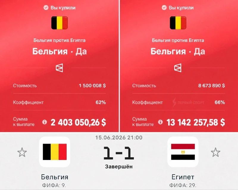 ⚡️ Минус 628 млн рублей на ставке на Бельгию против Египта на ЧМ-2026 — один из крупнейших проигрыше