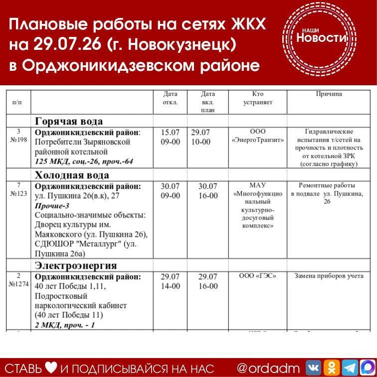 🛑Плановые работы на сетях ЖКХ на 29.07.26
в Орджоникидзевском районе

По информации ЕДДС г. Новокуз