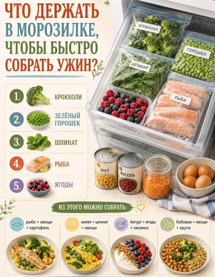 Что держать в морозилке, чтобы быстро собрать ужин 🍽️🥦