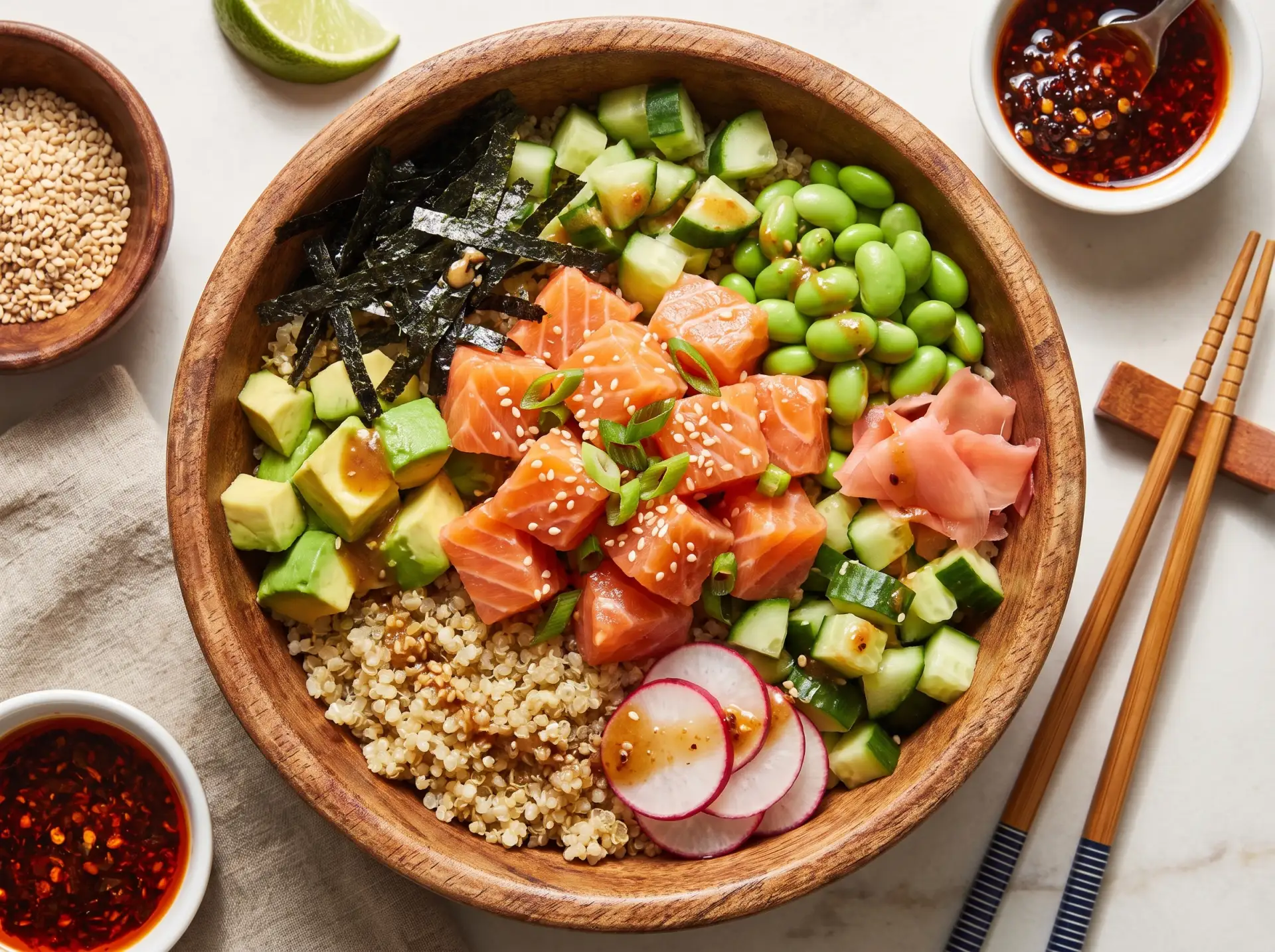 🍣🥗 ПП‑поке с киноа и лососем — сытно, полезно и очень вкусно! 😋

🥣 Ингредиенты:
- Киноа 🌾 — 4 с