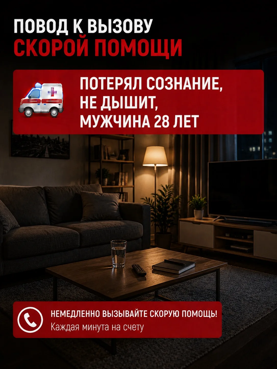 Повод к вызову скорой помощи: потерял сознание, не дышит, мужчина 28 лет.