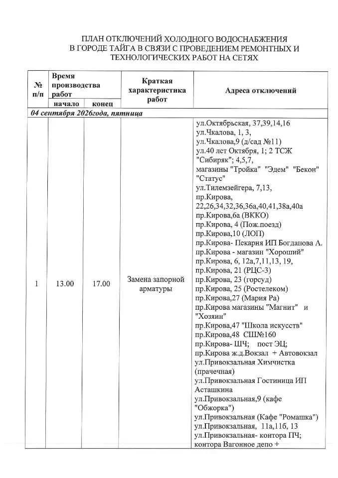 🚰 ООО «Тайгинское BKX» уведомляет об отключении холодного водоснабжения 04.09.2026 с 1...