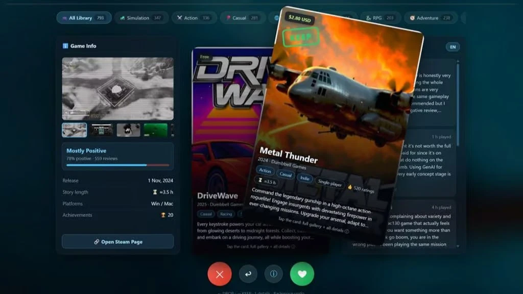 💚💚💚: гений сделал Tinder  для вашей библиотеки Steam — вам нужно свайпать игры, в ко...