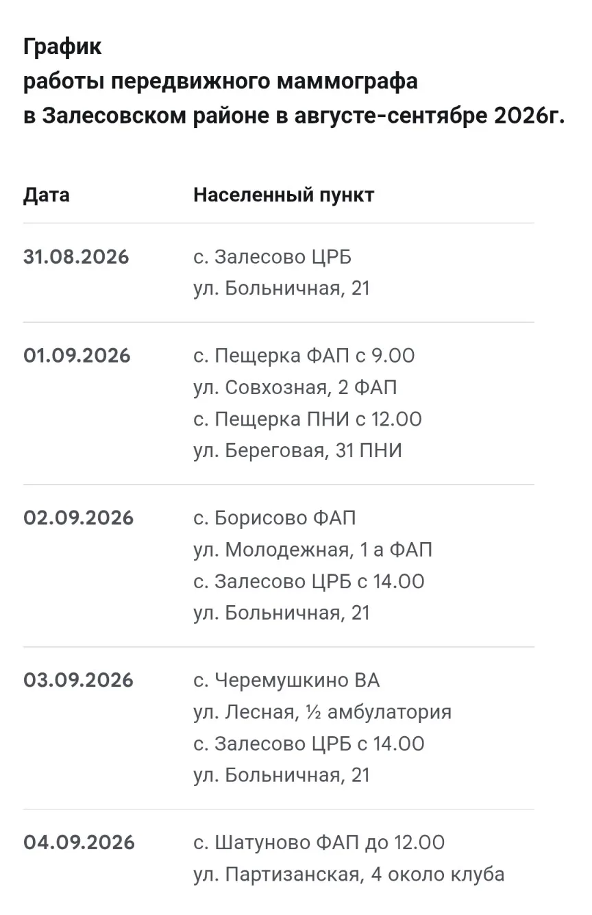 Публикуем график работы передвижного маммографа в Залесовском округе в августе-сентябре...