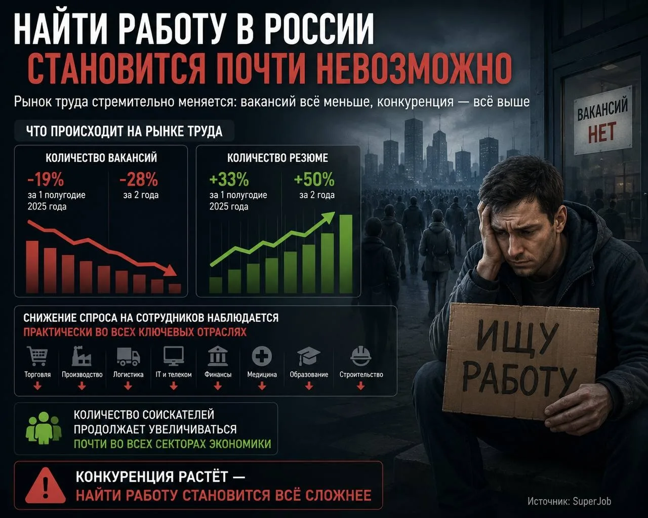 Найти работу в России становится почти невозможно. Только за первое полугодие количеств...