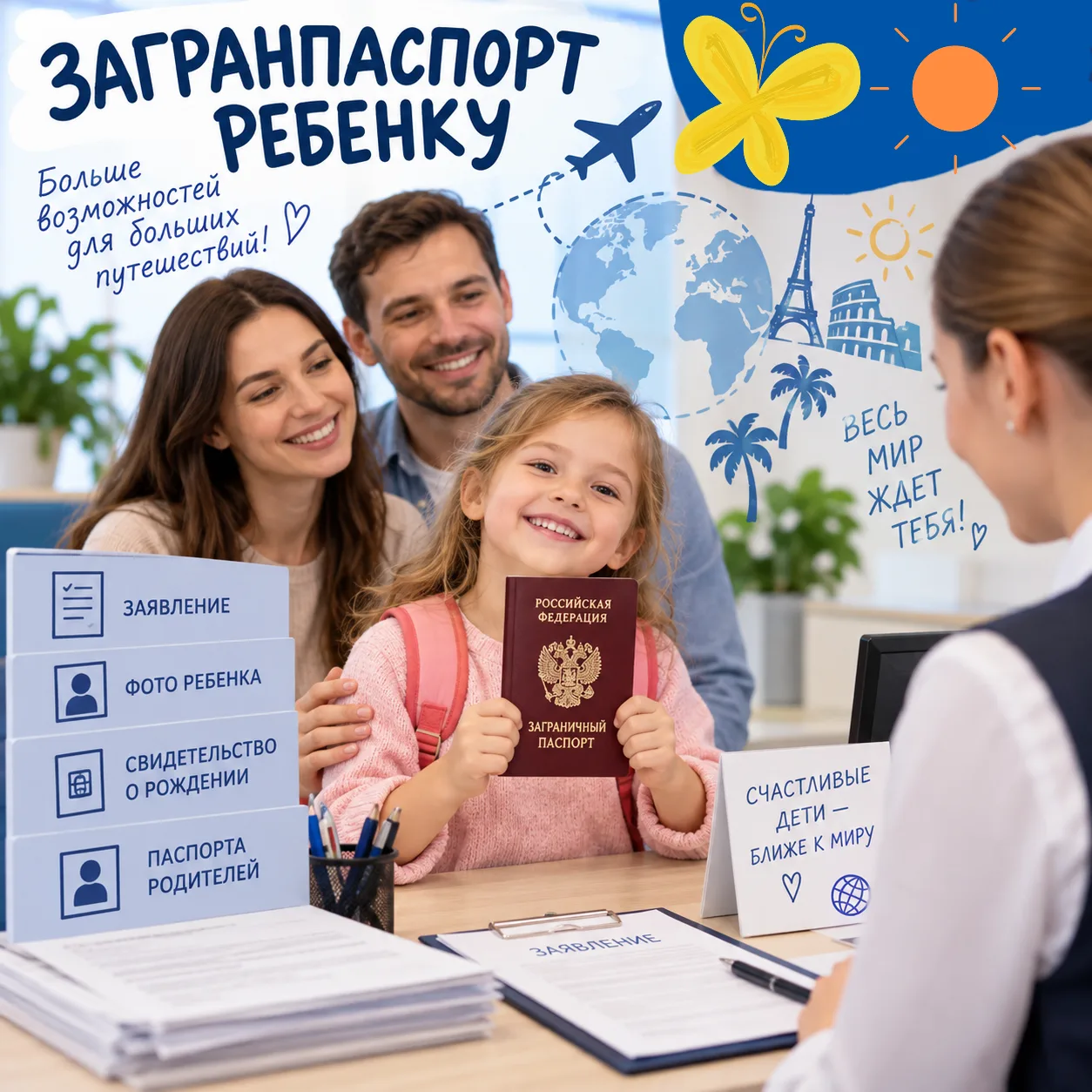 Рекомендуем заблаговременно обращаться с заявлением об оформлении ребенку загранпаспорта