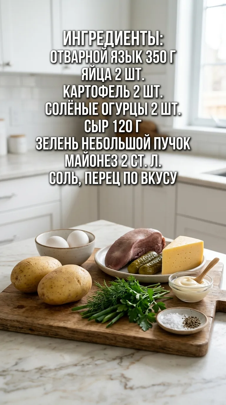 Салат с языком и яйцом

Ингредиенты:
• отварной язык — 350 г
• яйца — 2 шт.
• картофель — 2 шт.
• со