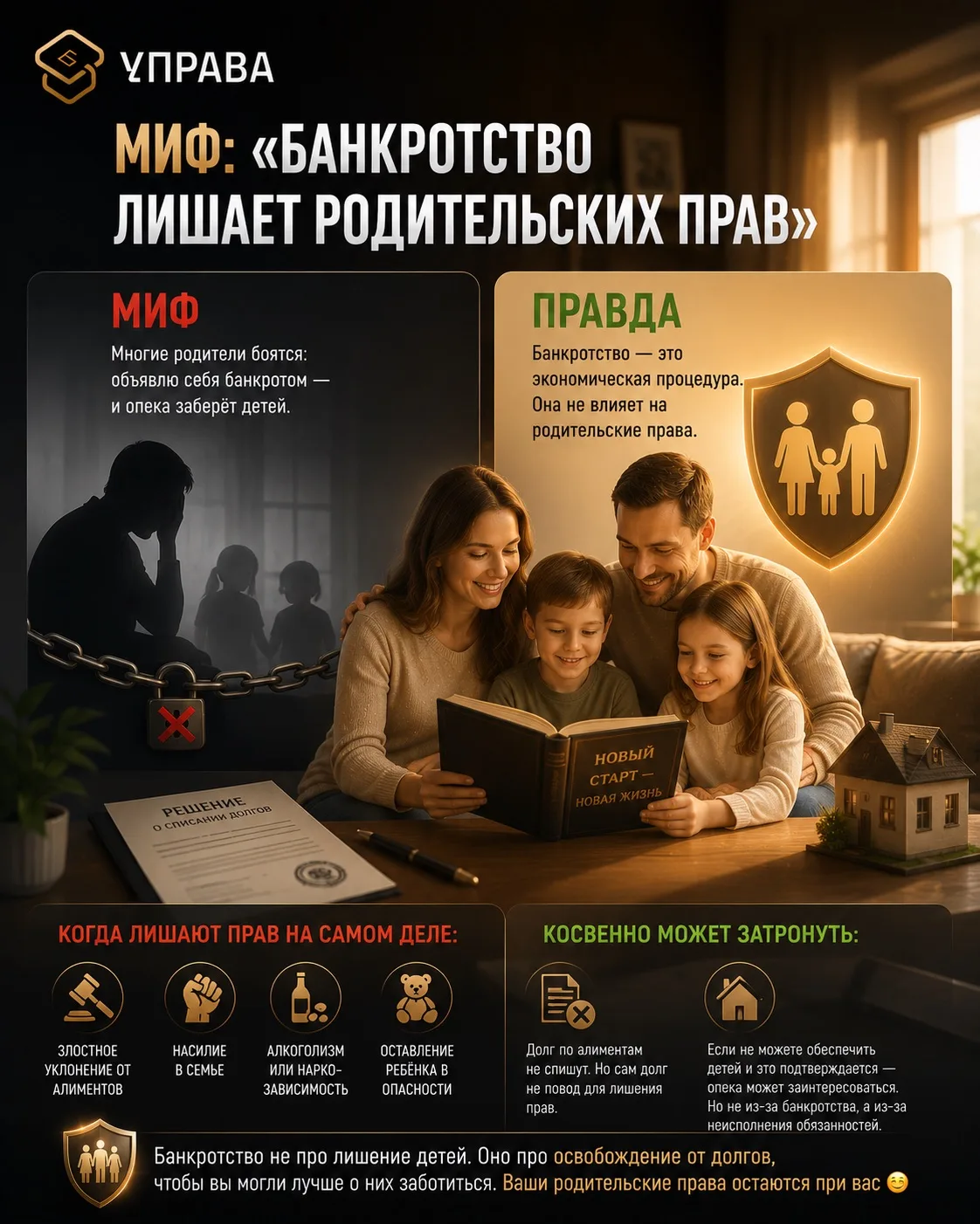 Миф: «Банкротство лишает родительских прав» 🧑‍🧑‍🧒‍🧒

Миф
Многие родители боятся: объявлю себя ба