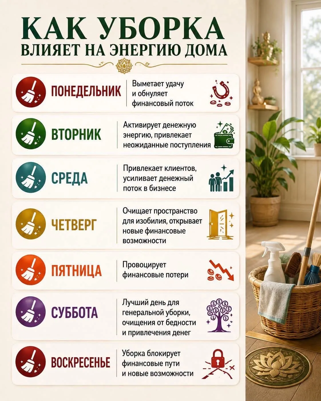 Как день недели для уборки влияет на энергию и финансовый поток дома ✨🏡