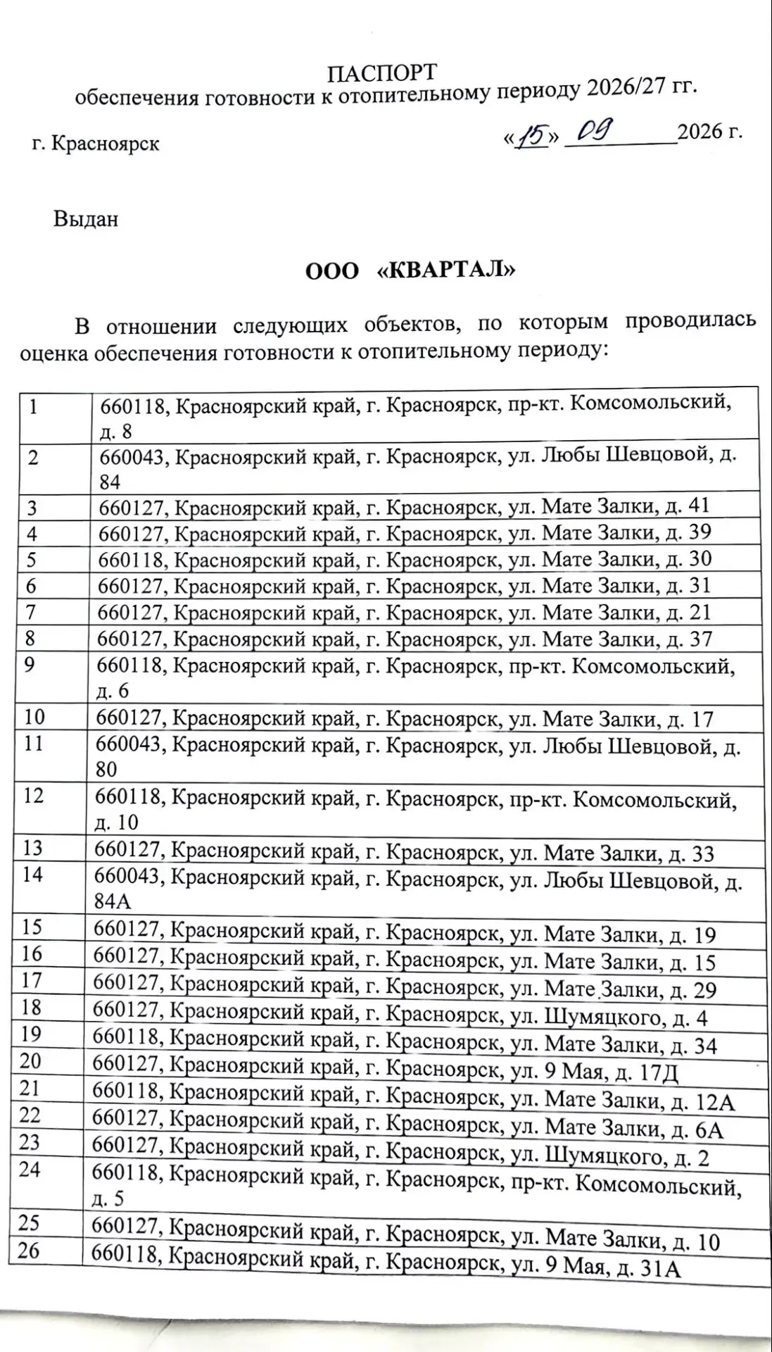 📑 Паспорт обеспечения готовности к отопительному периоду 2026/27 гг.