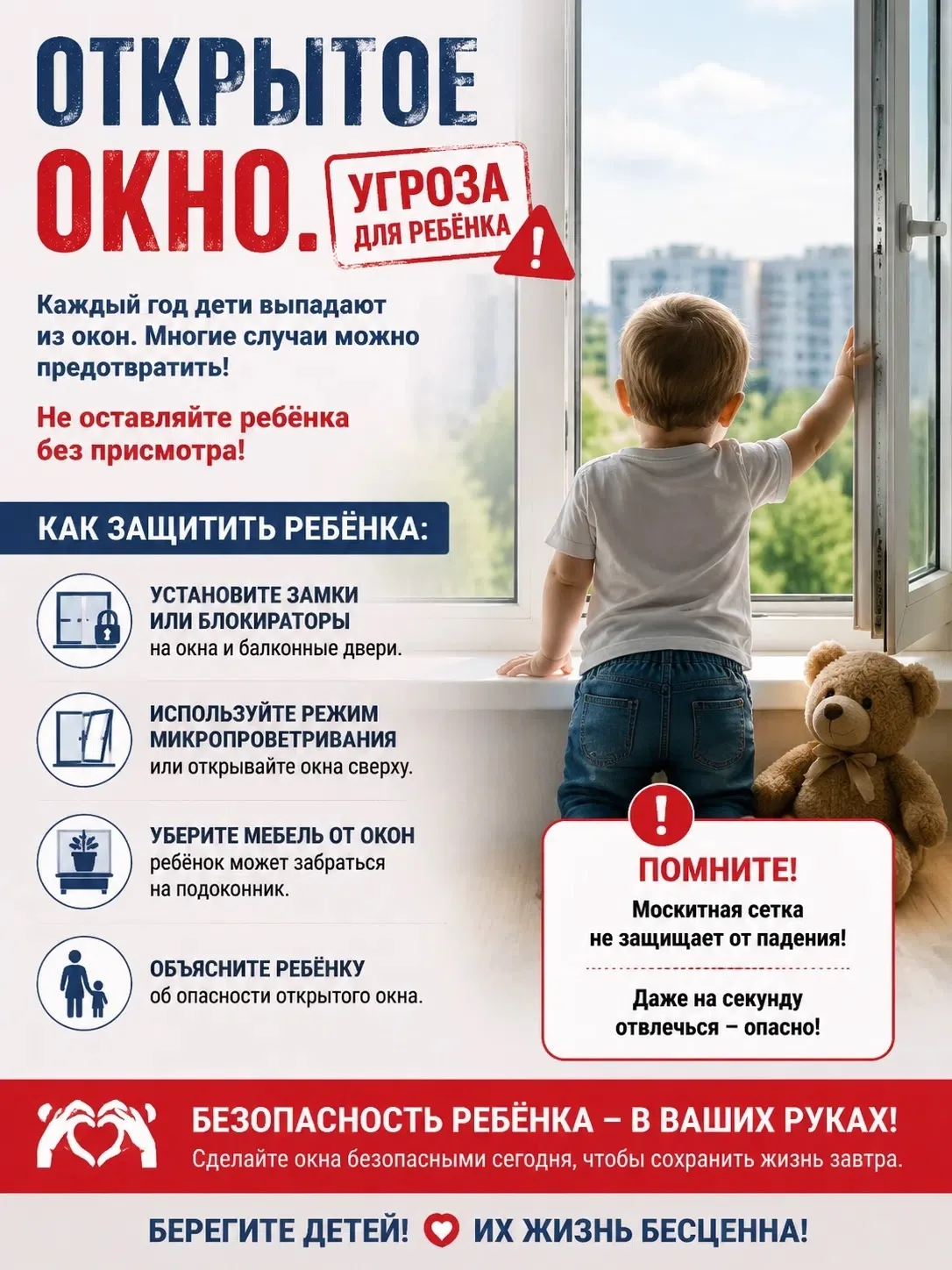 🚨Открытое окно: невидимая угроза для ребёнка

Лето — время проветриваний, но для семей с детьми отк