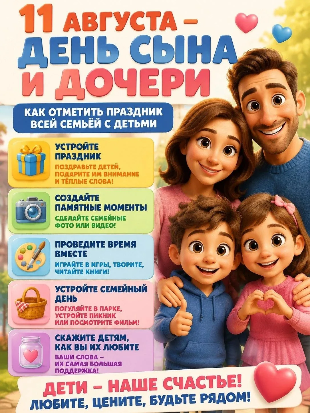 День сына и дочери в России отмечается ежегодно 11 августа. Это неофициальный праздник,...