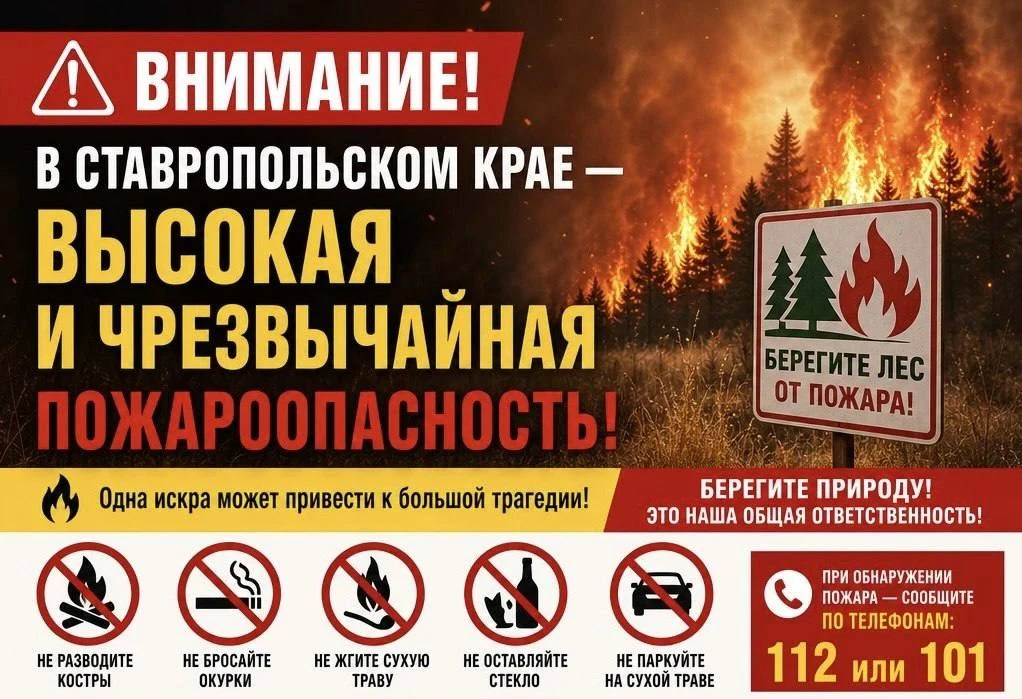 🔥 В Ставропольском крае высокая и чрезвычайная пожароопасность!

По данным РСЧС, в северо‑западных 